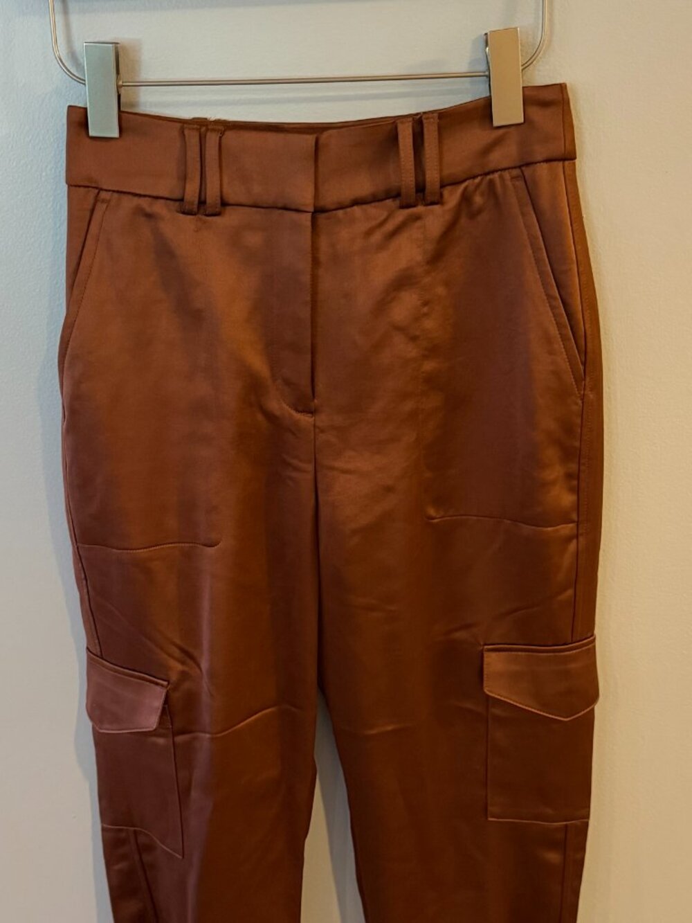 Express High Waisted Satin Cargo Pants Chocolate Brown Buckle Ankle Cuff 2S Shor